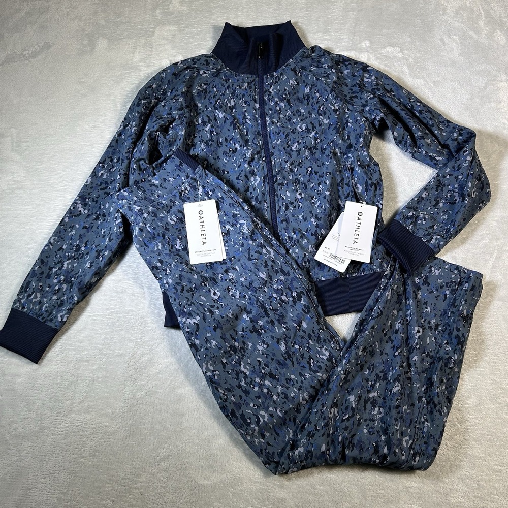 Athleta Activewear Set Brooklyn Bomber Jacket II XS Ankle Pant Sz4 Blue Camo NWT